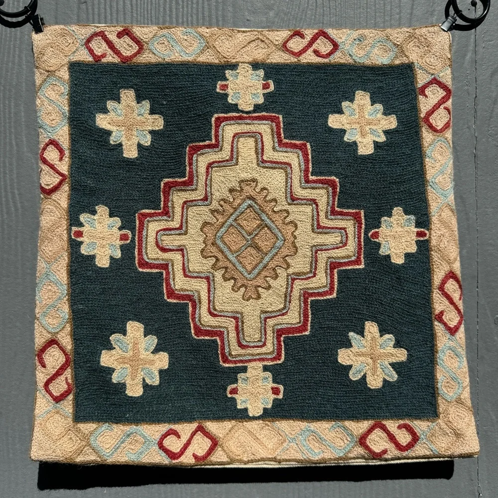 Hand Crafted Teal, Cream, Red and Light Blue Decorative Pillow Panel